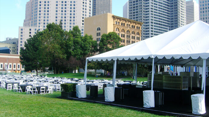 Tables and tent set up on the Esplanade at Yerba Buena Gardens, San Francisco