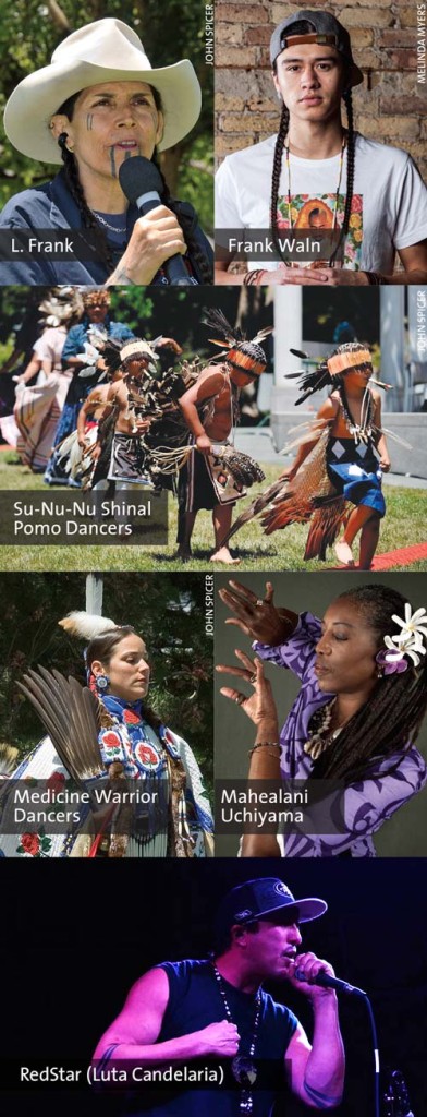 Photos of L. Frank, Frank Waln, Su-Nu-Nu Shinal Pomo Dancers, Medicine Warrior Dancers, Mahealani Uchiyama, and RedStar