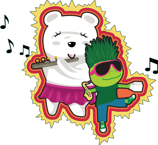 Illustration of a polar bear playing the flute and a child dancing