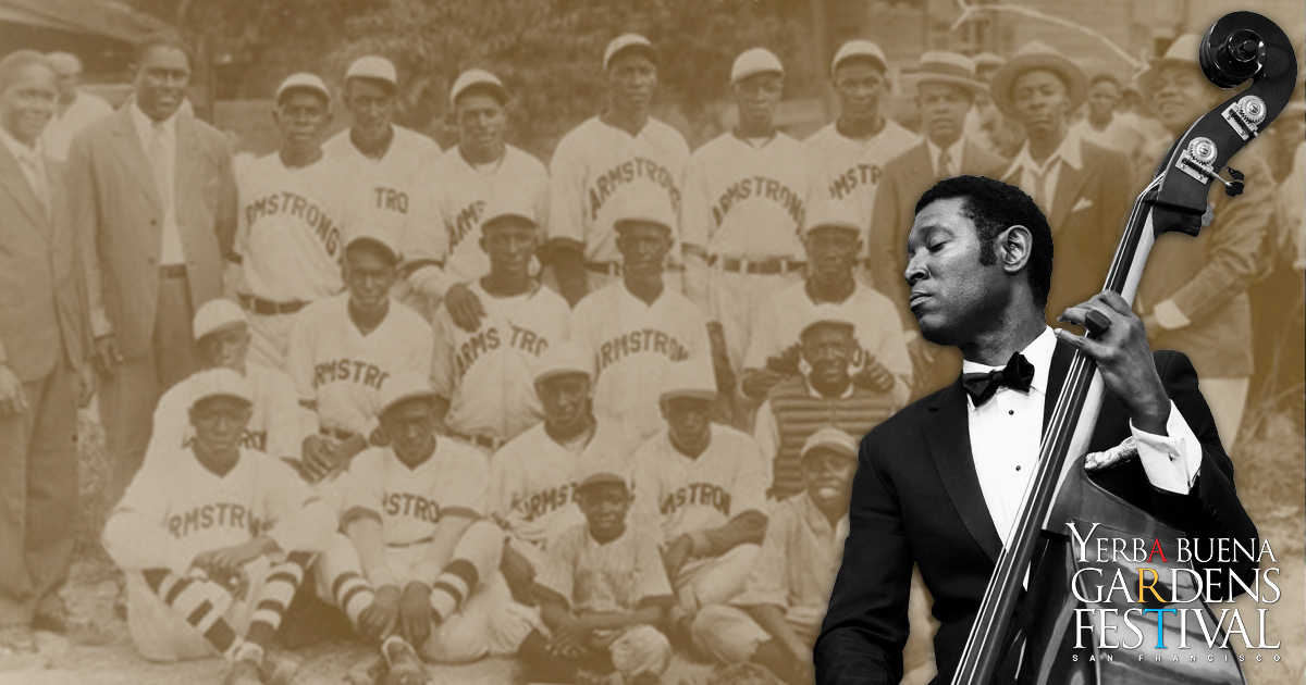 Photo of Marcus Shelby with upright bass and historical photo of Louis Armstrong's baseball team