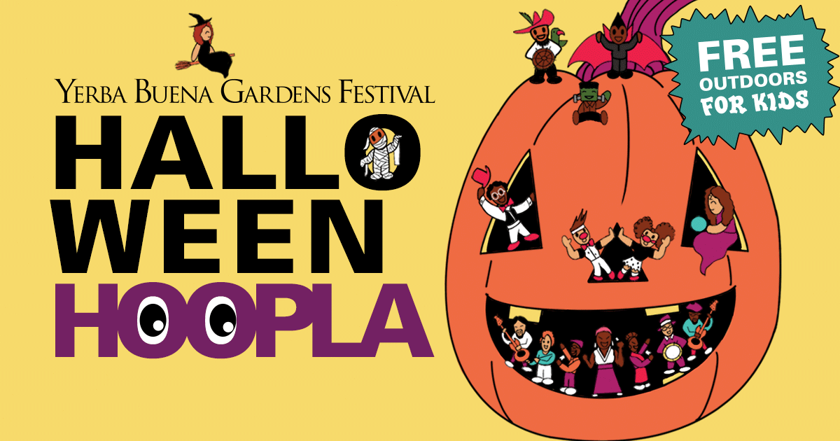 Yerba Buena Gardens Festival Halloween Hoopla. Free, outdoors, for kids. Cartoon-like illustration of a giant jack-o-lantern with many small costumed people standing in the cut-out parts.