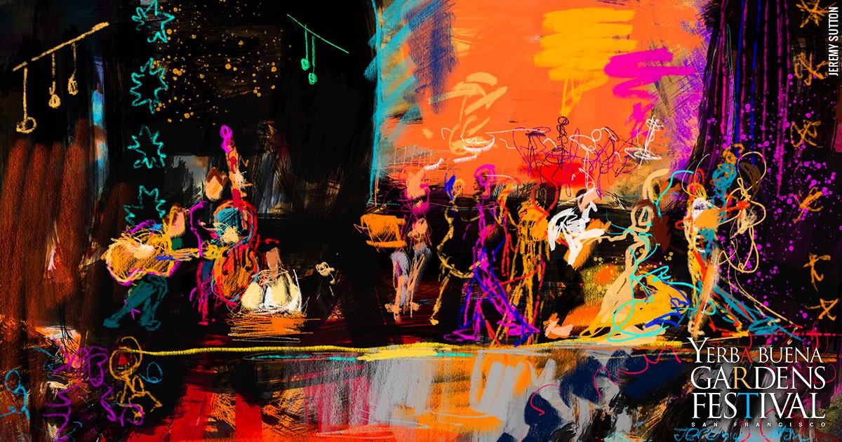 Bright neon and black digital sketch of musicians and dancers on a stage, by Jeremy Sutton
