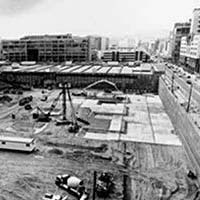 Black and white photo of construction site at Yerba Buena Gardens
