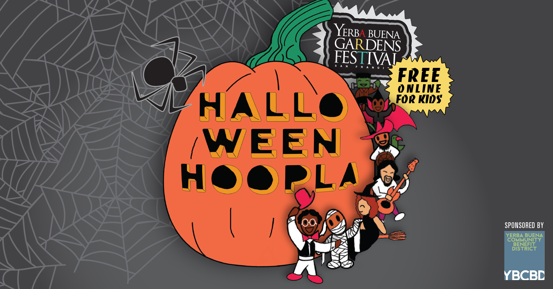 Colorful cartoon illustration of small kids figures in costume, dancing around a giant pumpkin that says "Halloween Hoopla."