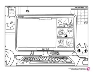 Outline drawing of a computer screen with a group video chat on, one big blank square in the middle with three smaller squares on the right side. Each square has 1-2 people in monster or character costumes.