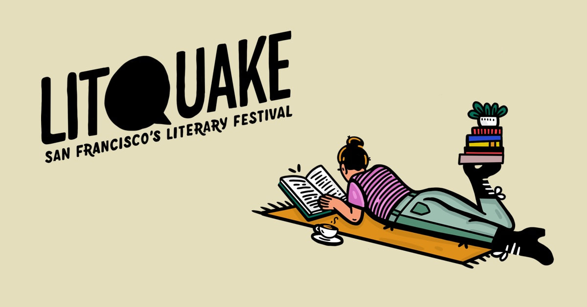Litquake logo with illustration of a female figure, laying down on a blanket reading next to a stack of books