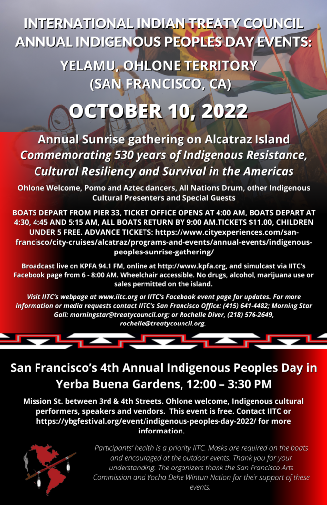 Flyer with information on the Indigenous People's Day events in San Francisco, CA (Yelamu, Ohlone Territory) on October 10, 2022