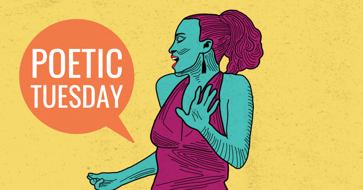 Illustration of woman speaking and snapping her fingers. Speech bubble that says "Poetic Tuesday"