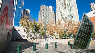 East Garden entrance with Green Glass Ship sculpture at Yerba Buena Gardens in San Francisco