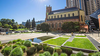 Overhead photo of Jessie Square at Yerba Buena Gardens, San Francisco