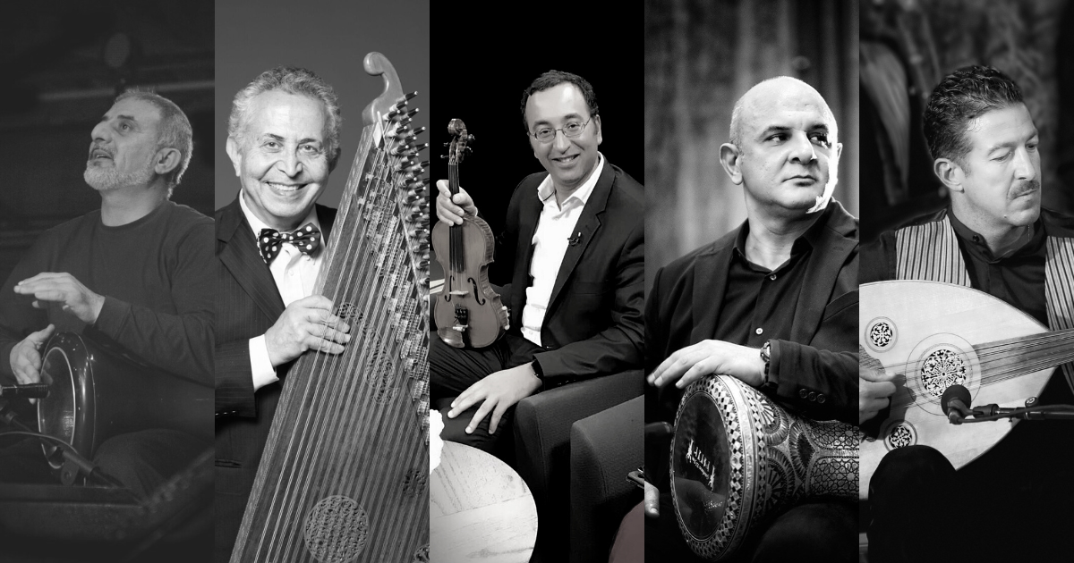 Headshot photos of Faisal Zedan, Jelaleddin Takesh, Ala Kallel, Younes Maqboul and Louay Dahbour, some holding musical instruments