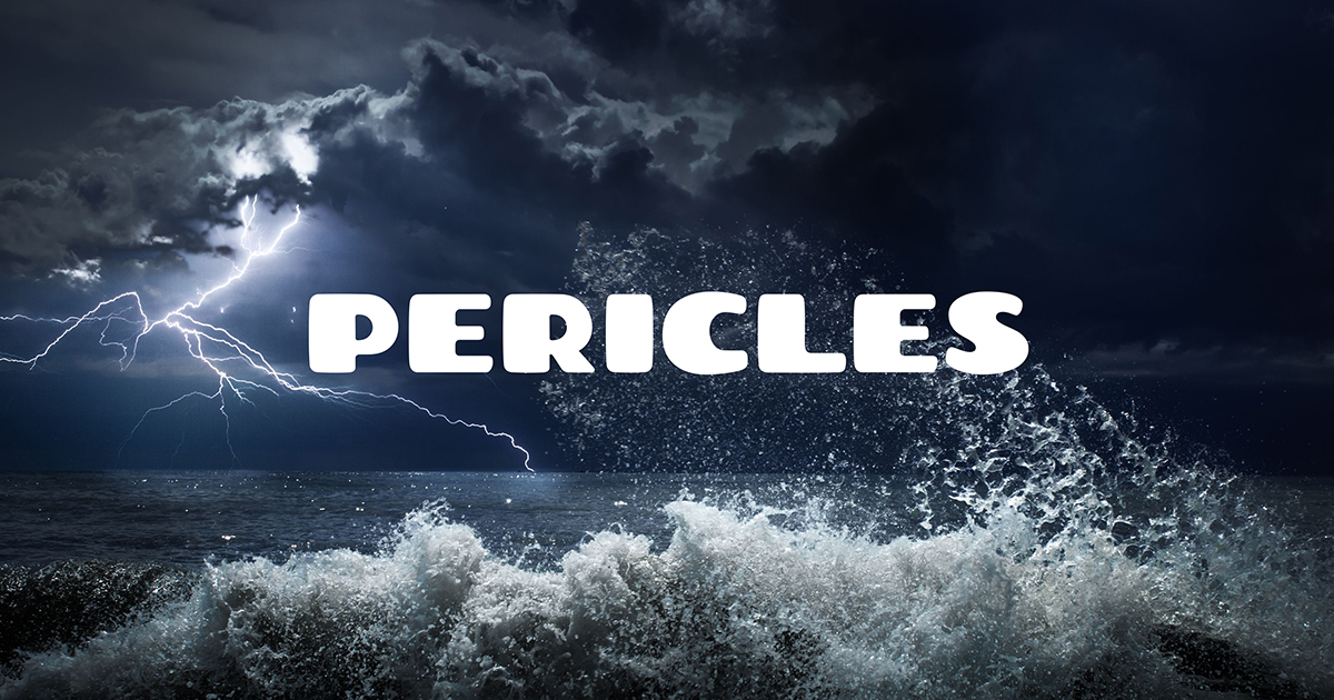 Stormy clouds above crashing waves with the text "Pericles"
