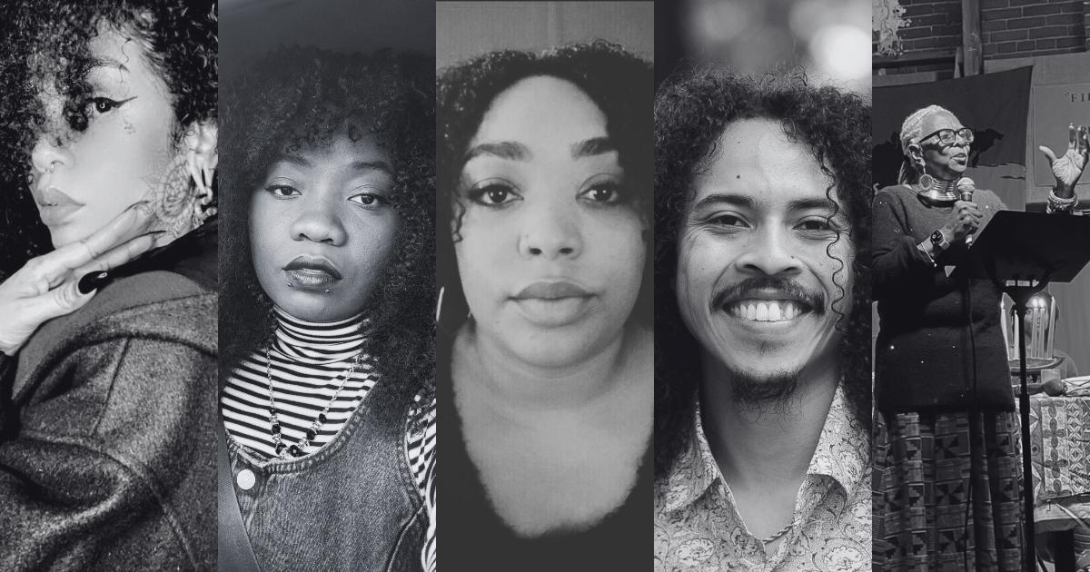 Black and White headshot photos of poets Dizzy Jenkins, Gracia "Cianga" Mwamba, Lyn Patterson, Vincente Perez, Enid Pickett.