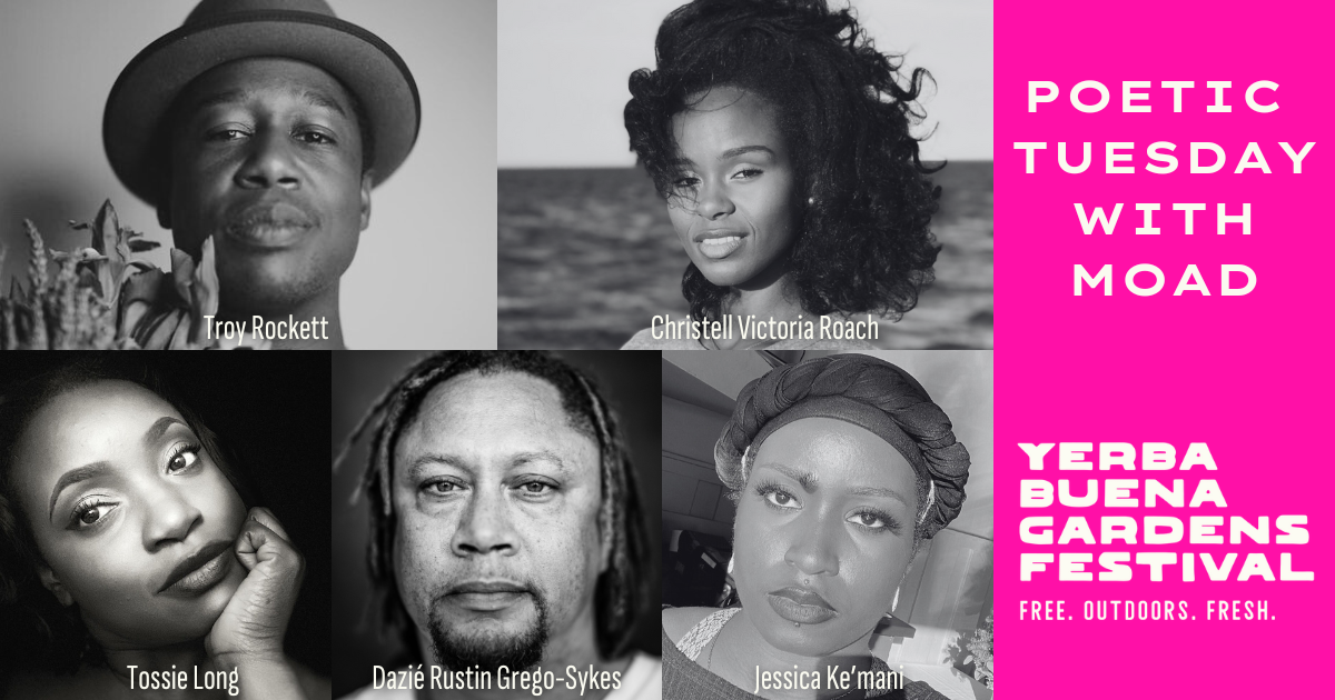 Black and white headshot photos of Dazié Rustin Grego-Sykes, Christell Victoria Roach, Tossie Long, Jessica Ke’mani, Troy Rockett