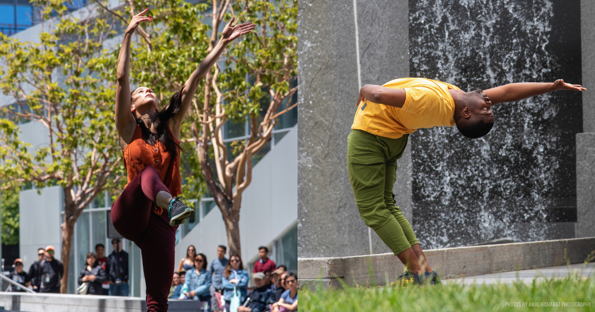 Photos of 2 dancers performing in Yerba Buena Gardens