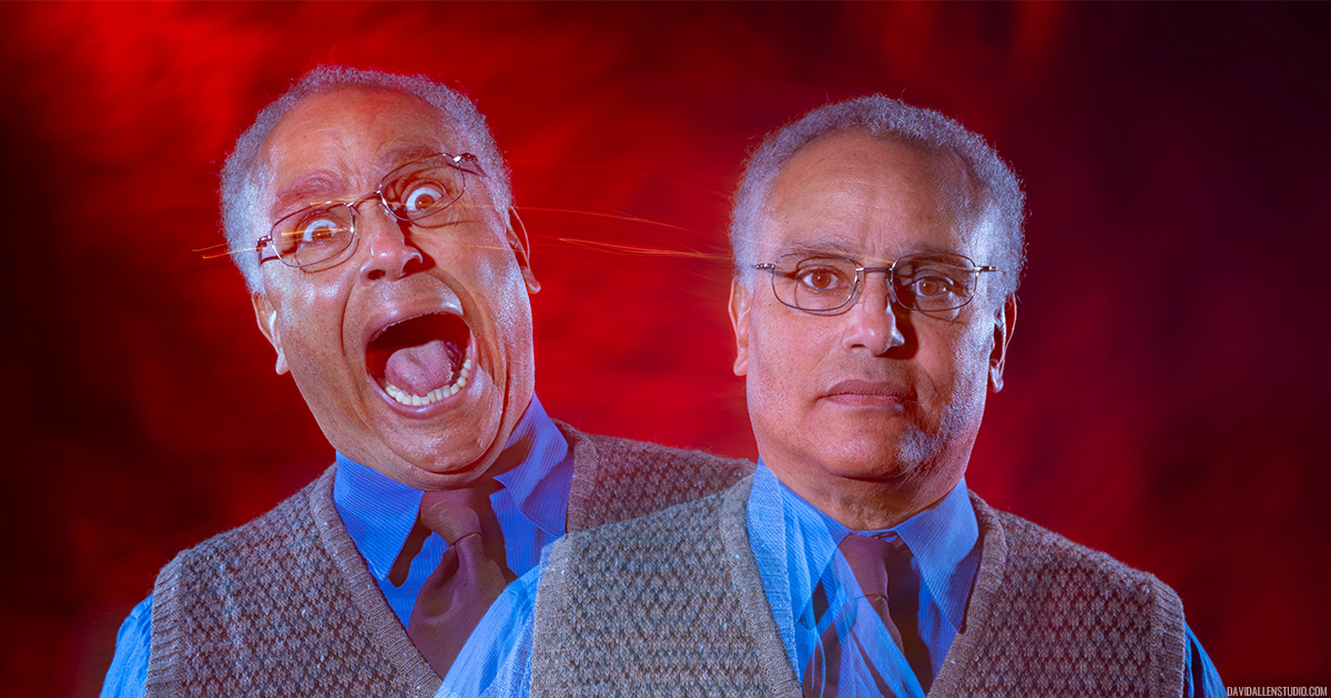 Two images of a man overlayed on each other - one screaming and one with a neutral face.
