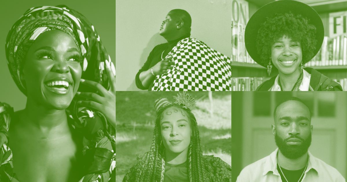 Green tinted collage of headshot photos of Umniya Najaer, Maya Raveneau-Bey, Daniel B. Summerhill, Darius Rashad Parker, Jean Nangwala