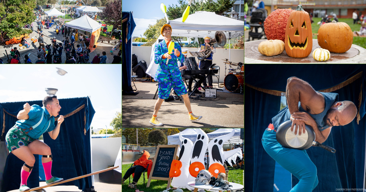 Collage of photos of Circus Bella performers, Halloween pumpkins and families in costume in an outdoor event.