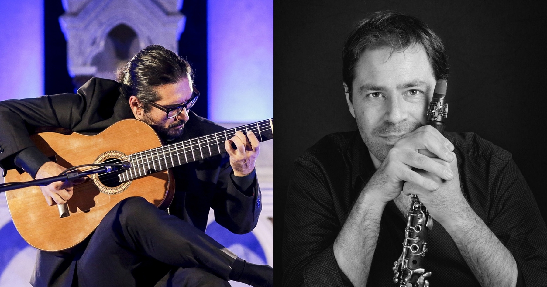 A collage of the musician's portraits: to the left, Allesandro playing his 7-string guitar; to the right, Alexandre posing with his clarinet