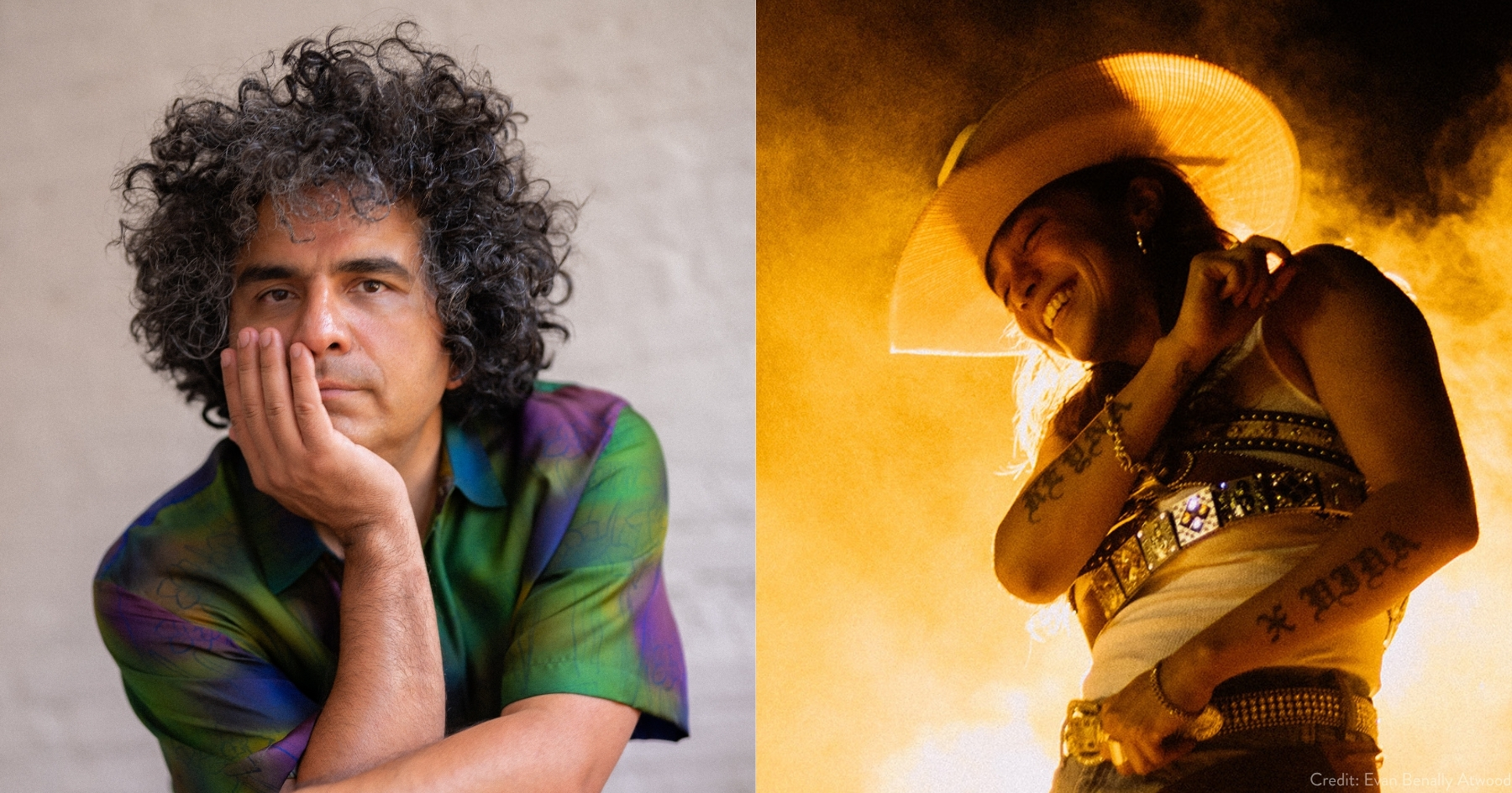 Collage of photos of Helado Negro wearing a purple and green shirt, front-facing, leaning forward and leaning his face on 1 hand, and of Reyna Tropical wearing a straw hat and white tank top, smiling, looking down with fog and bright yellow light glowing behind her